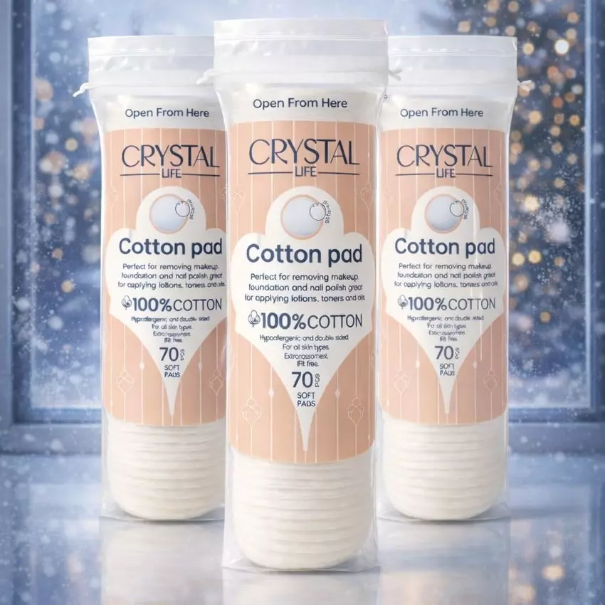 پد آرایش پاک کن ۷۰ تایی کریستال لایف (Crystal Life) | پد دورو ۱۰۰٪ پنبه‌ای