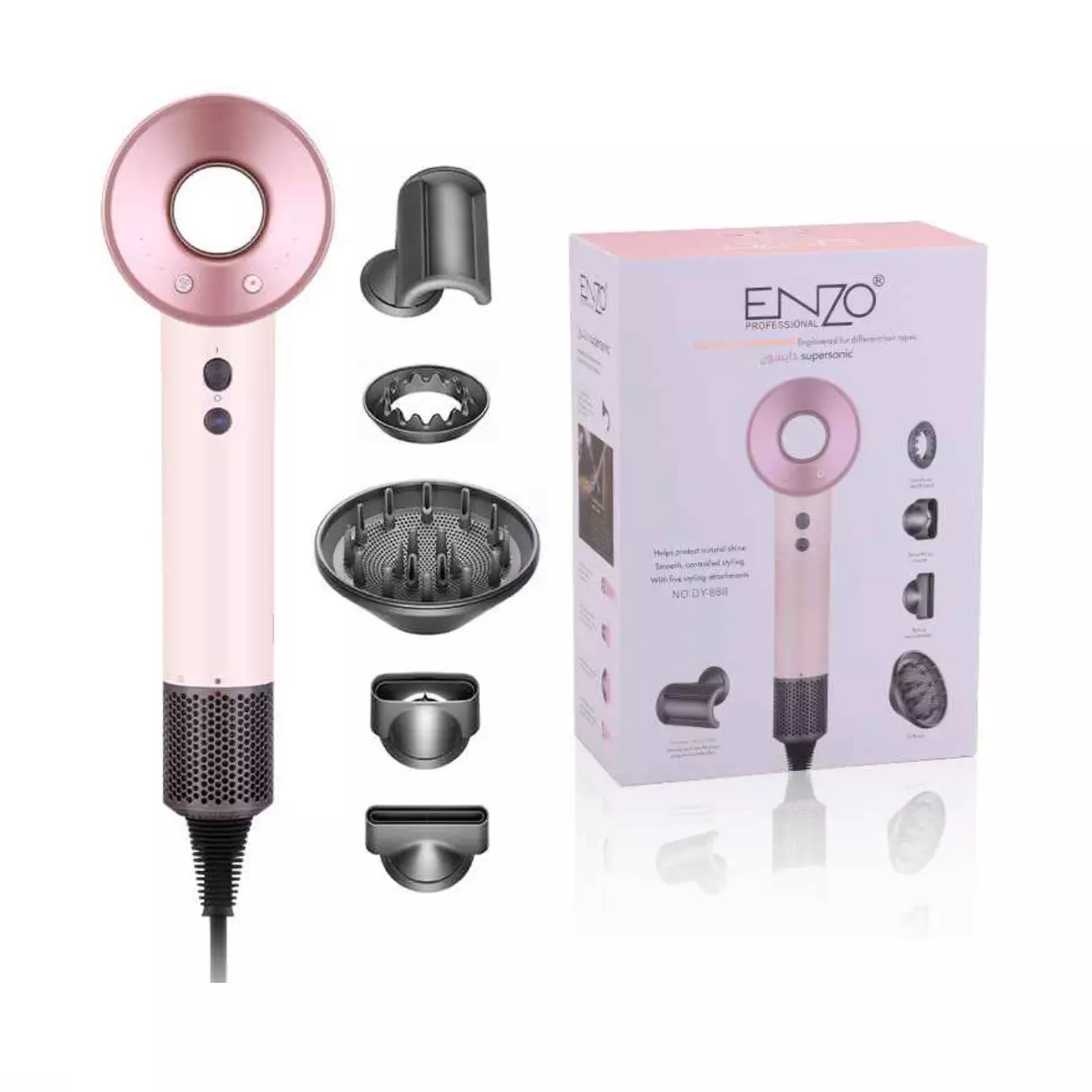 سشوار حرفه ای انزو پروفیشینال با طراحی دایسون رنگ بژ صورتی Enzo Professional dy-888