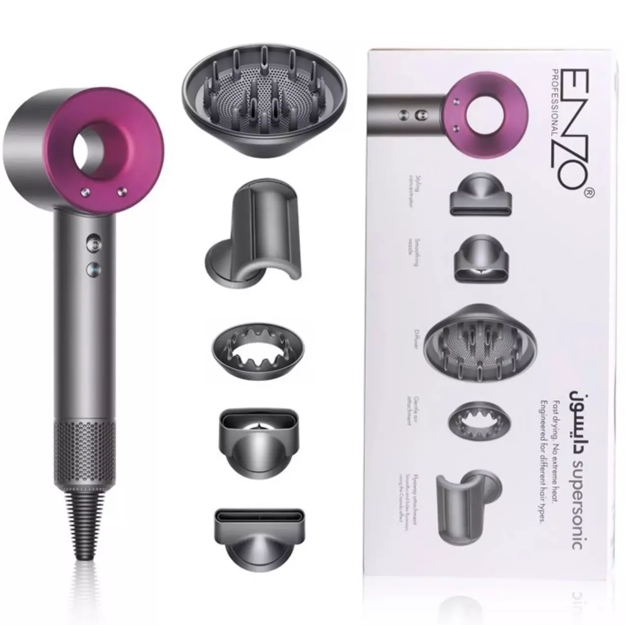 سشوار حرفه ای انزو پروفیشینال با طراحی دایسون رنگ سیلور صورتی Enzo Professional dy-888